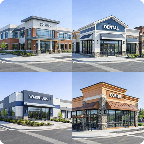 Light commercial buildings — school, dental, warehouse, coffee shop